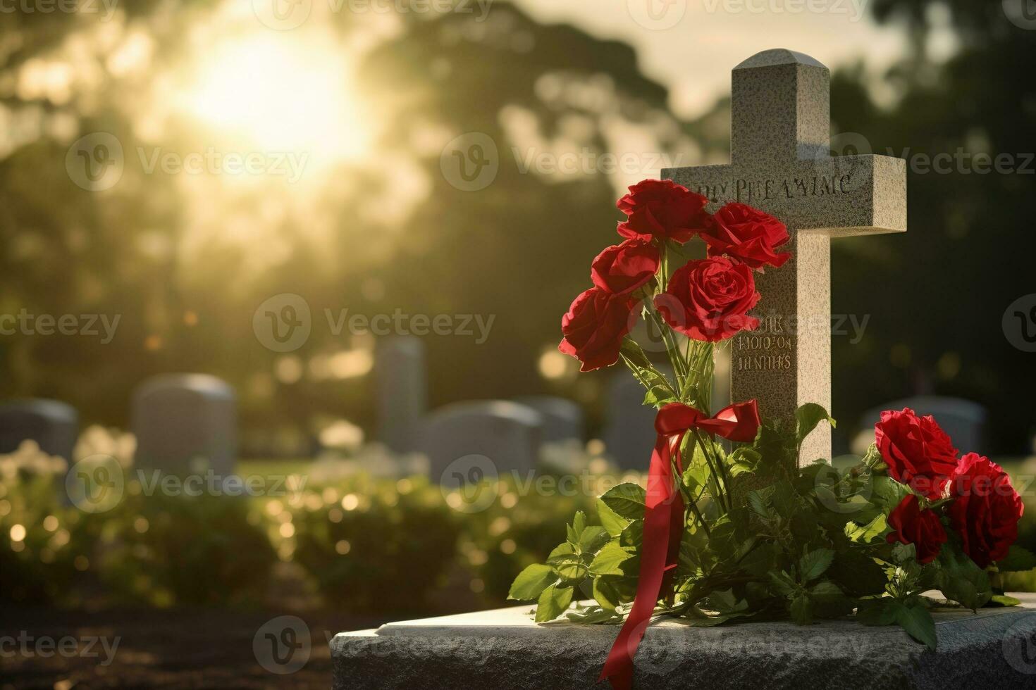 Red roses on a grave at a cemetery during the sunset with copy space AI generated photo