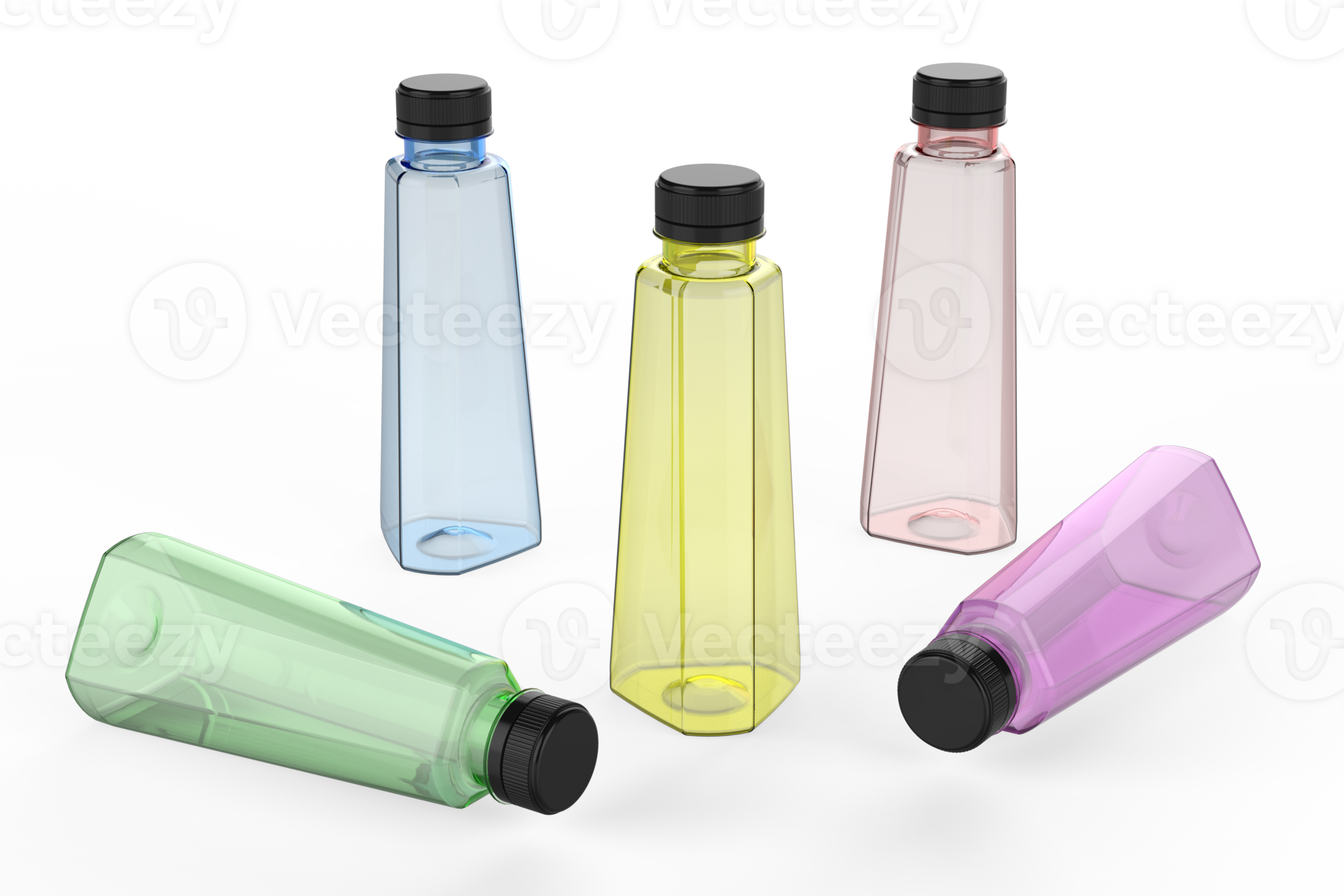 3D renderings of triangular beverage bottles in various colors 33259397 PNG