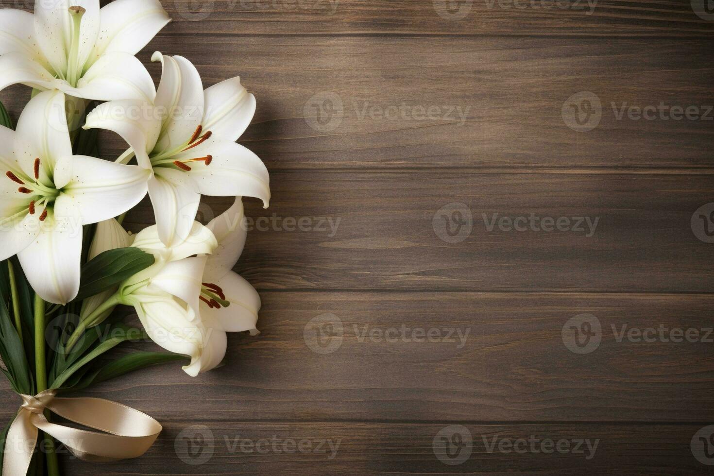 White lily flowers on wooden background. Top view with copy space.Funeral Concept AI generated photo