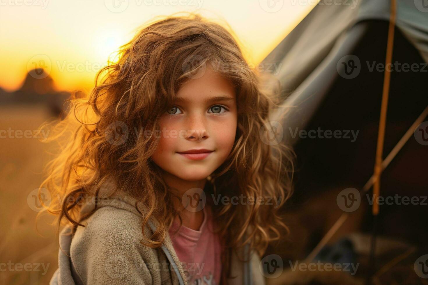 Portrait of cute little girl at camera while standing near camping tent at sunset AI generated photo