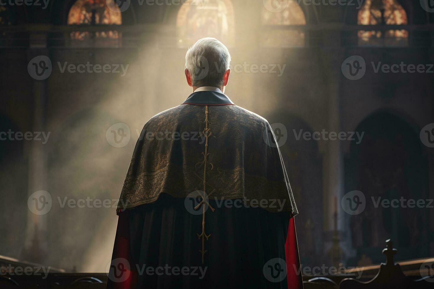 Rear view of priest looking at church interior. Religion concept. AI generated photo