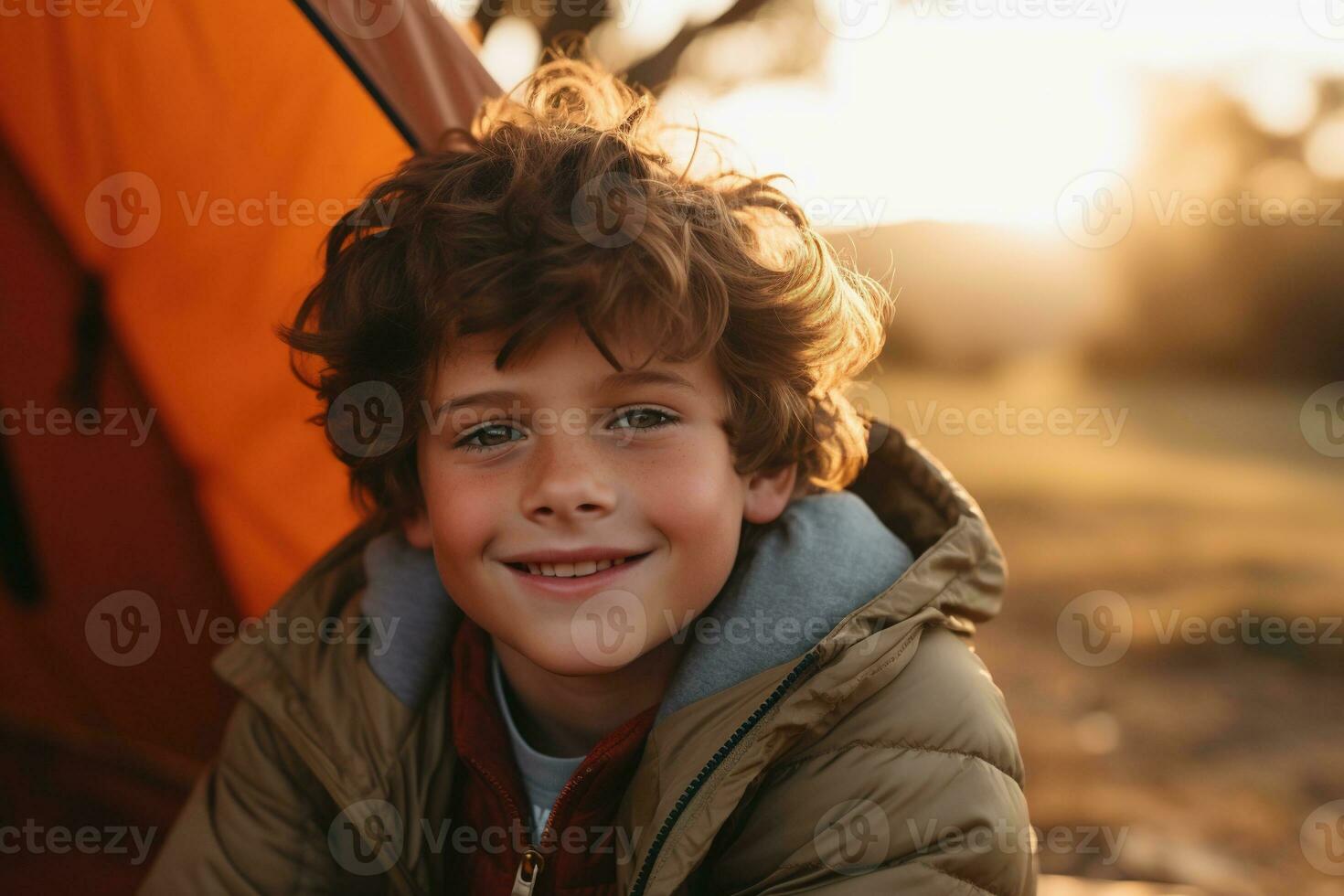 Portrait of a cute boy looking at camera while near his tent in nature AI generated photo