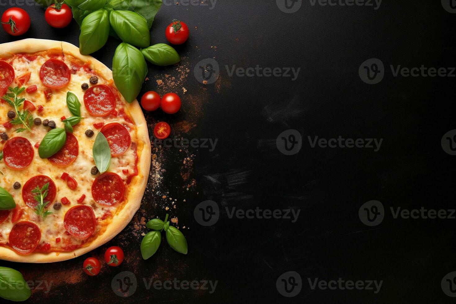 Pepperoni pizza on a Dark background. Top view with copy space. AI generated photo