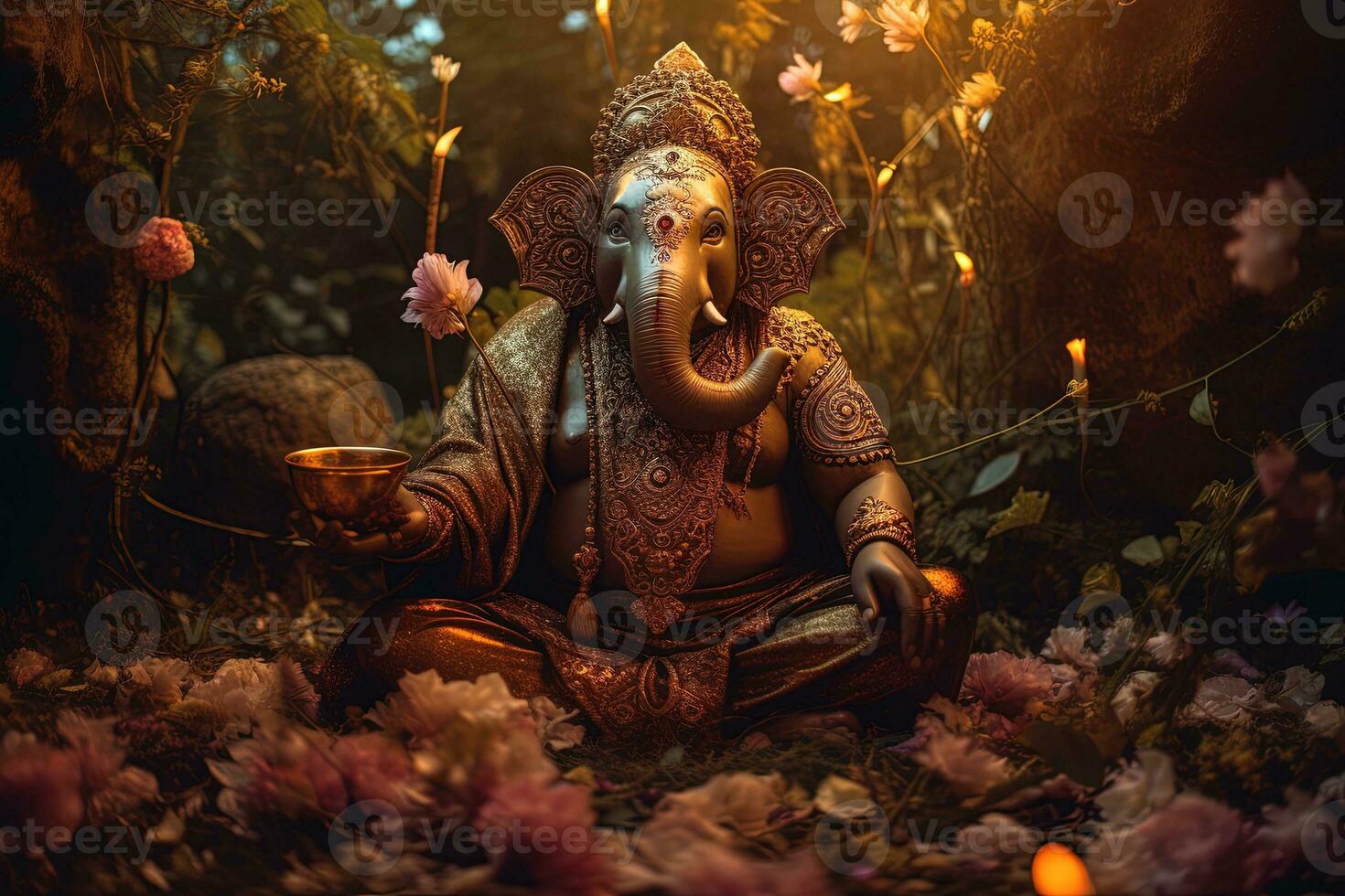 Hindu God Ganesha with flowers AI generated photo