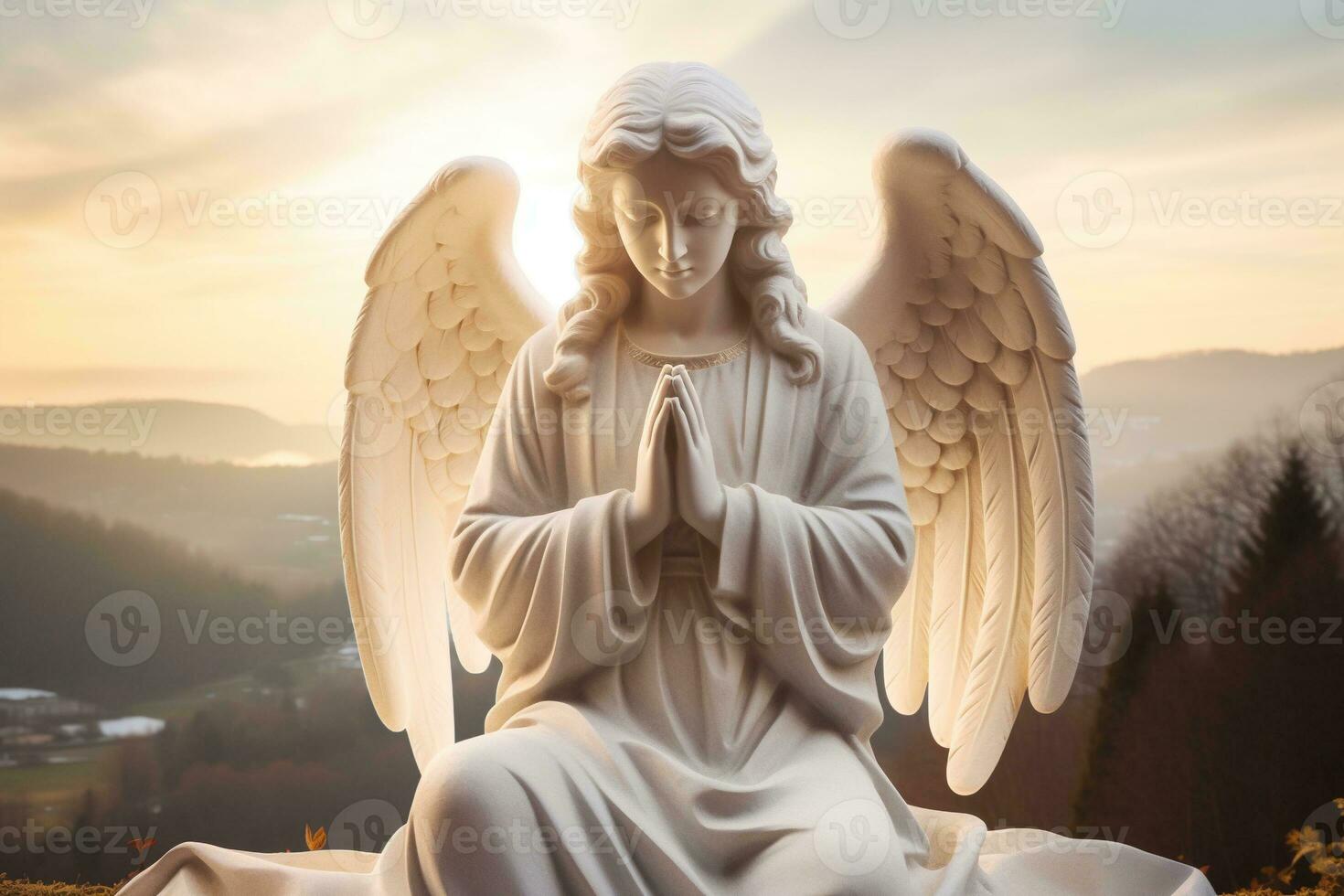 Angel statue with sunrise in the background, religion and spirituality concept. AI generated photo