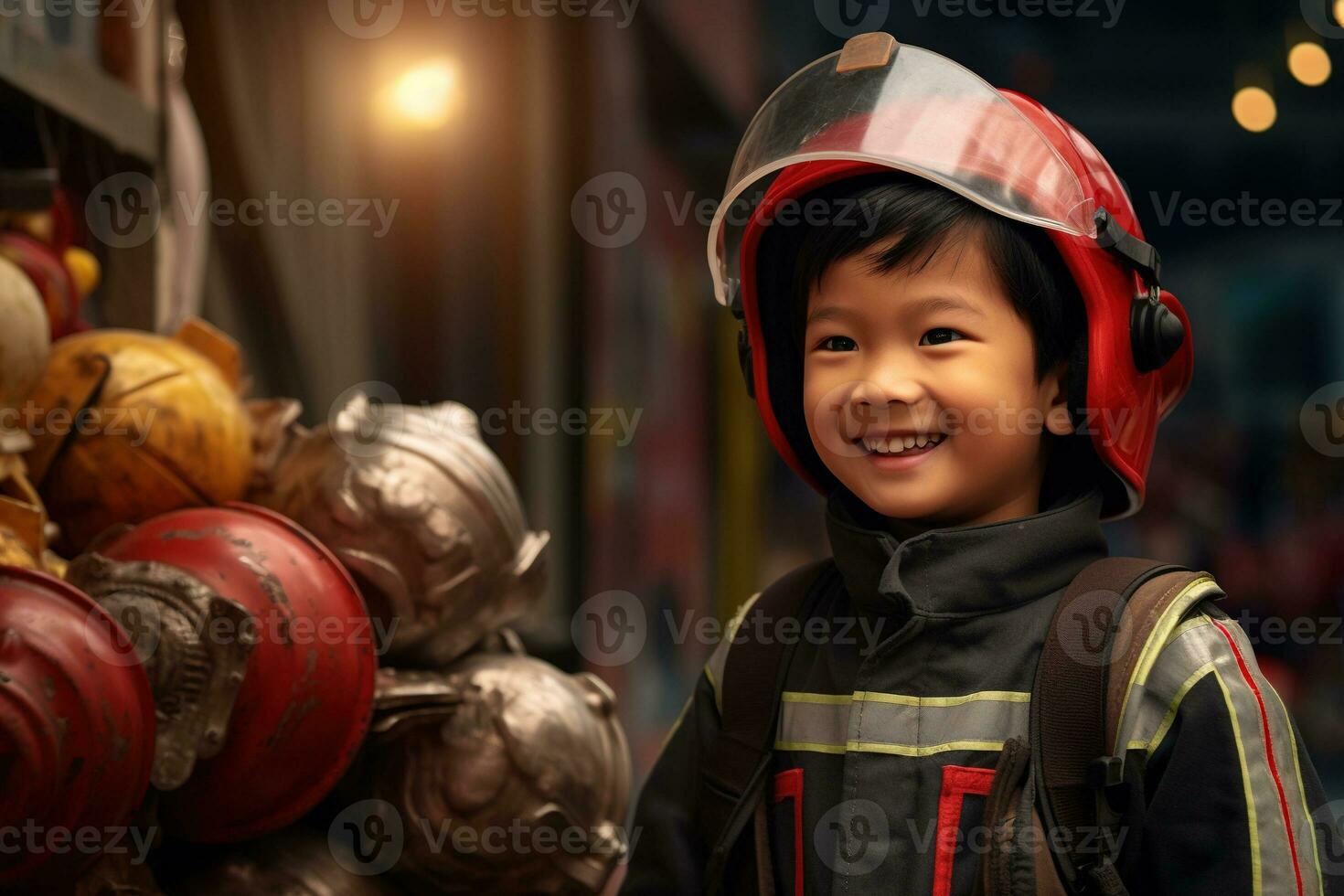 Portrait of cute little boy wearing firefighter uniform in the fire department AI generated photo