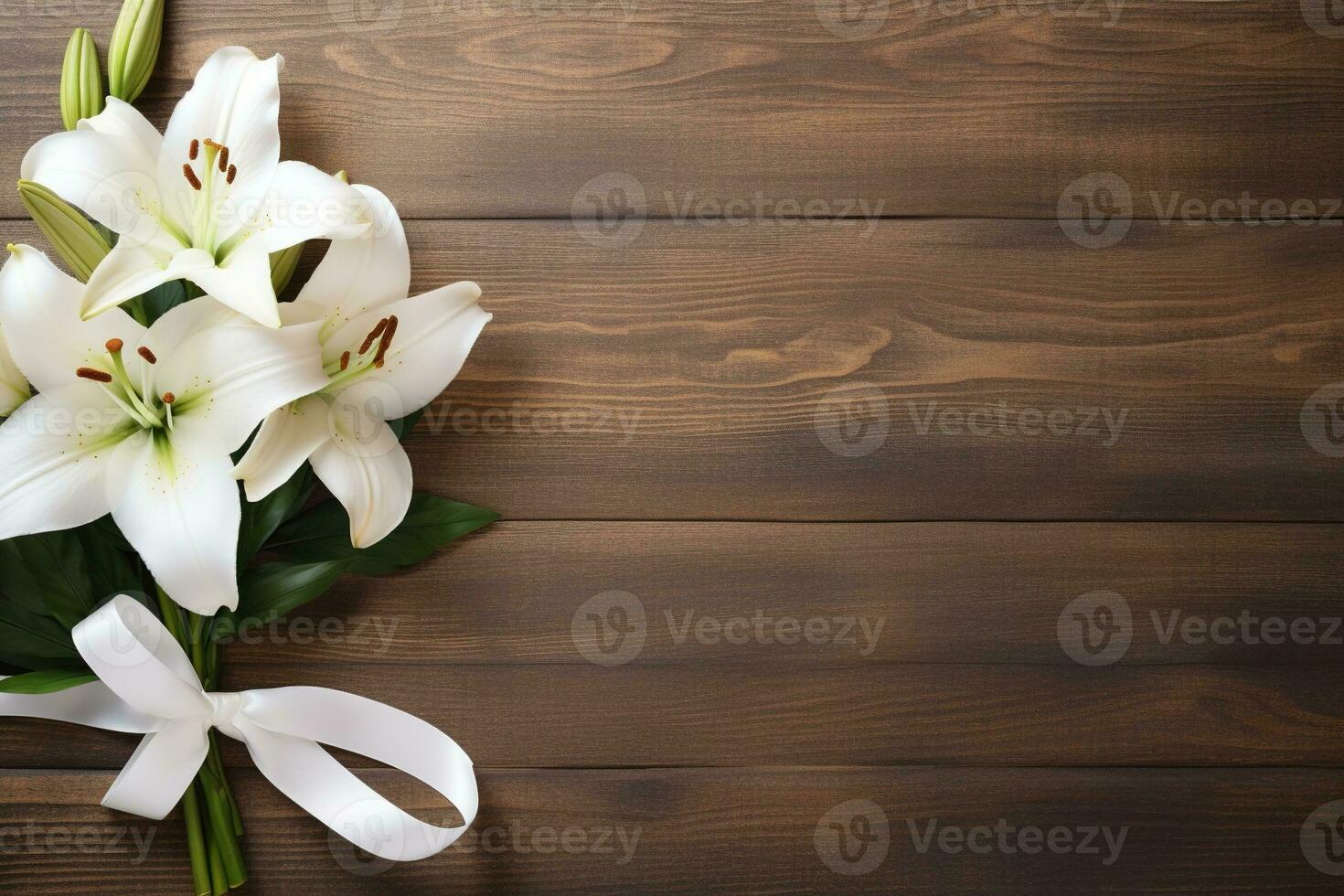 White lily flowers on wooden background. Top view with copy space.Funeral Concept AI generated photo