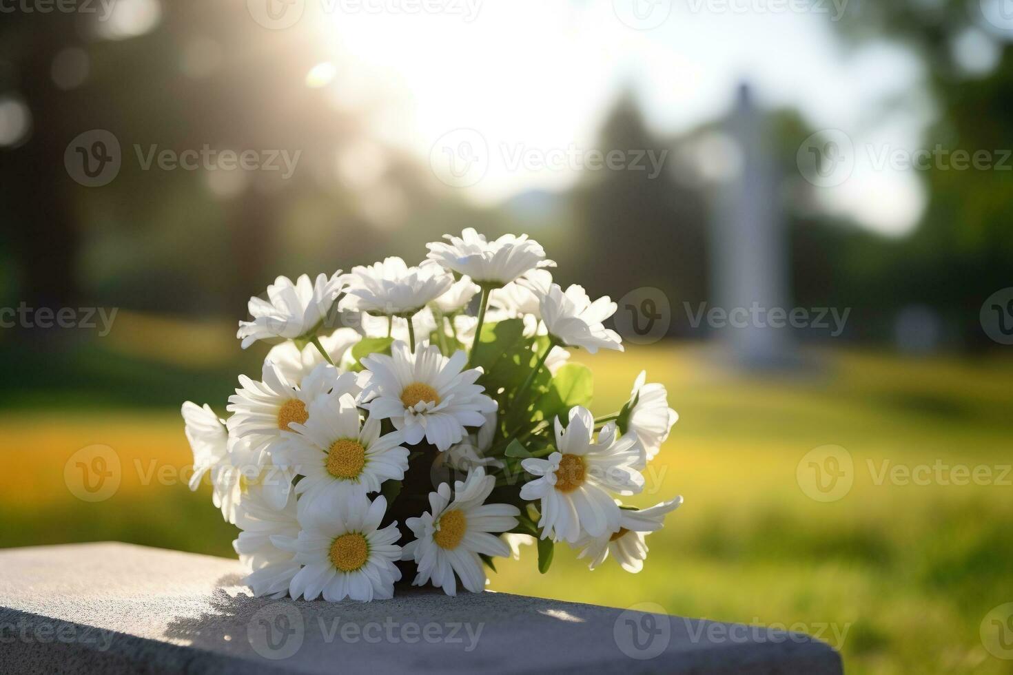 white flowers in front of a gravestone at a cemetery with sunset.Funeral Concept AI generated photo