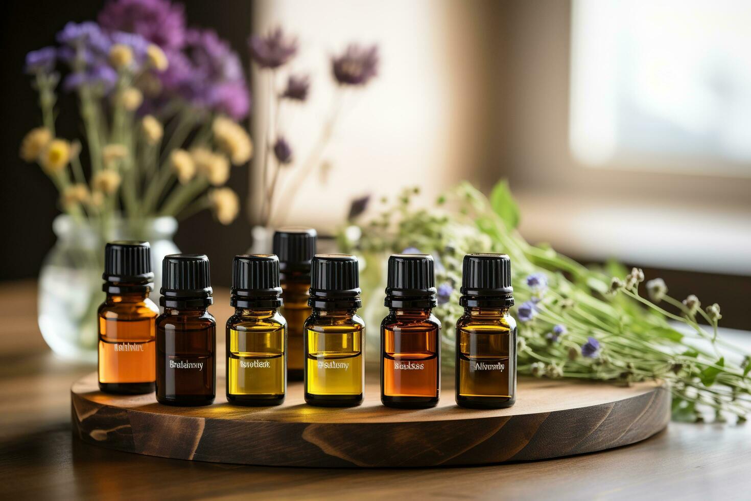 Bottles with different aromatic oils on a wooden stand with flowers. Generated by artificial intelligence photo