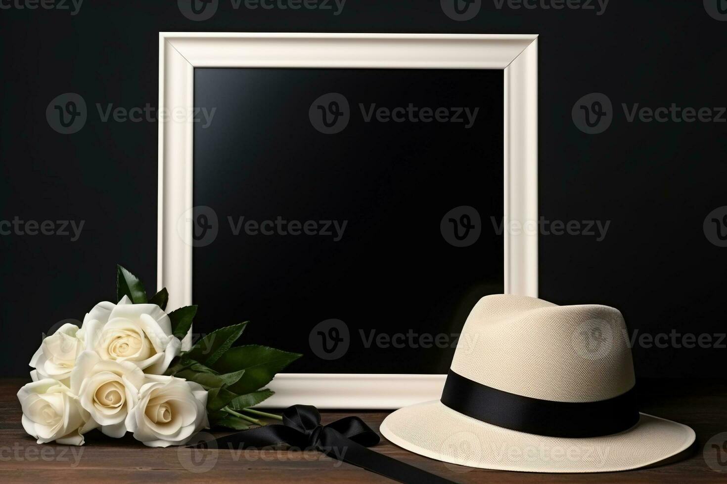 White roses with ribbon and photo frame on black background.Funeral Concept AI generated