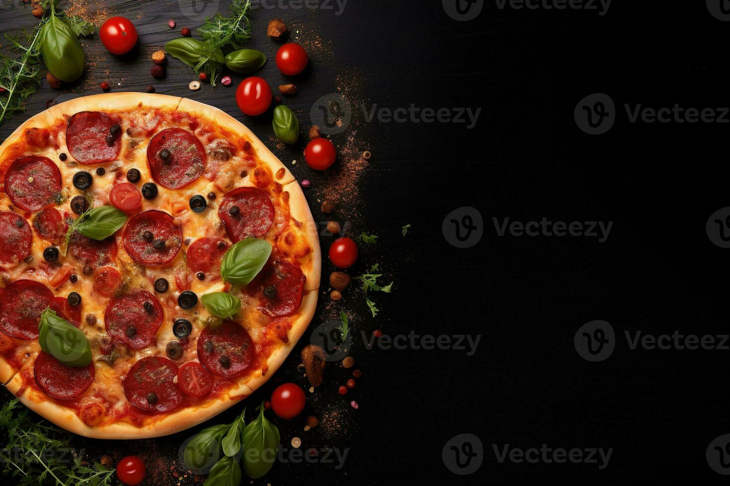 Pepperoni pizza on a Dark background. Top view with copy space. AI generated photo