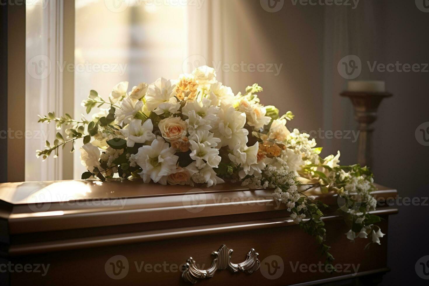 White coffin with flowers. The concept of funeral. AI generated photo