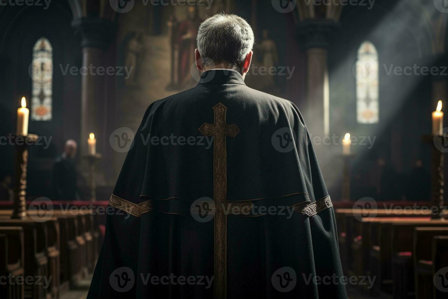 Rear view of priest looking at church interior. Religion concept. AI generated photo