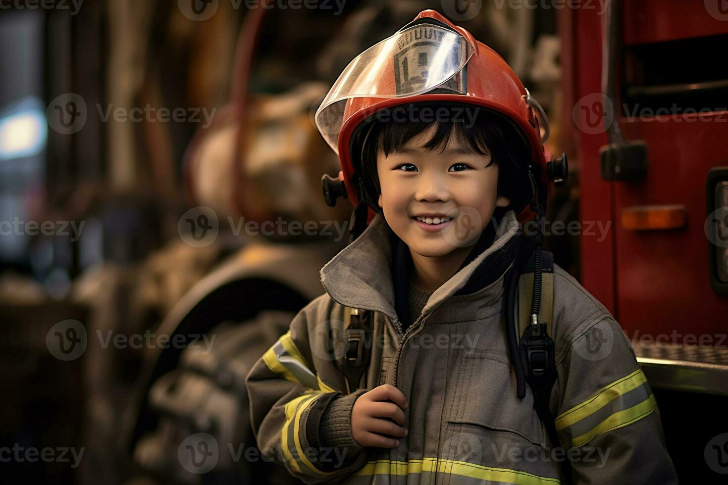 Portrait of cute little boy wearing firefighter uniform in the fire department AI generated photo