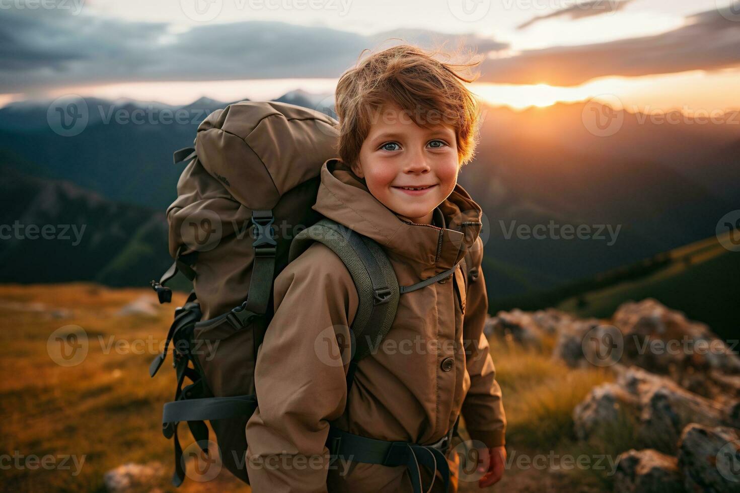 Adorable little boy with backpack hiking in mountains at sunset. Travel and active lifestyle concept AI generated photo