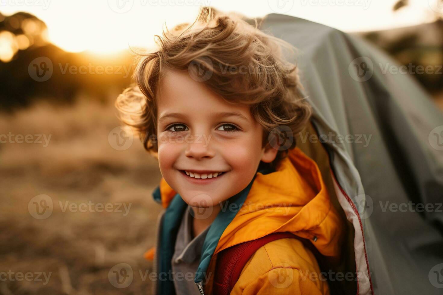 Portrait of a cute boy looking at camera while near his tent in nature AI generated photo