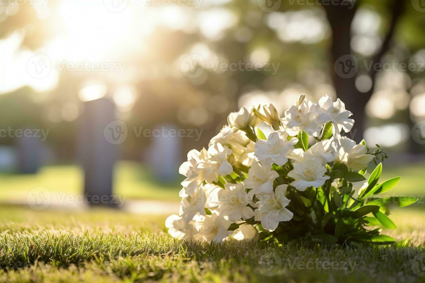 white flowers in front of a gravestone at a cemetery with sunset.Funeral Concept AI generated photo
