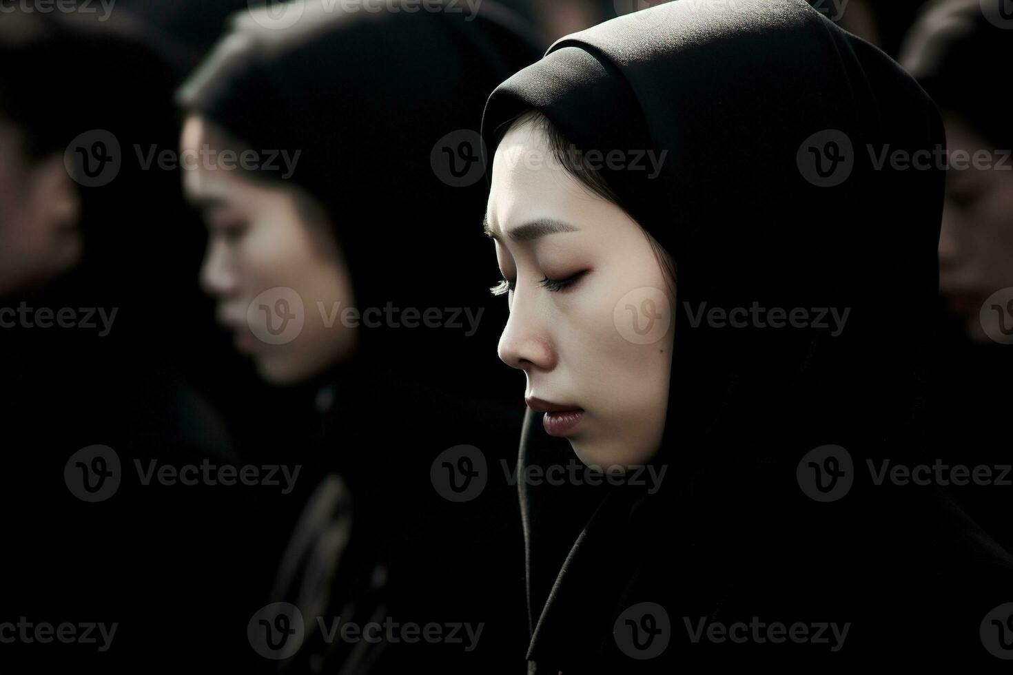 Asian woman in mourning at a funeral, shallow depth of field.Funeral Concept AI generated photo