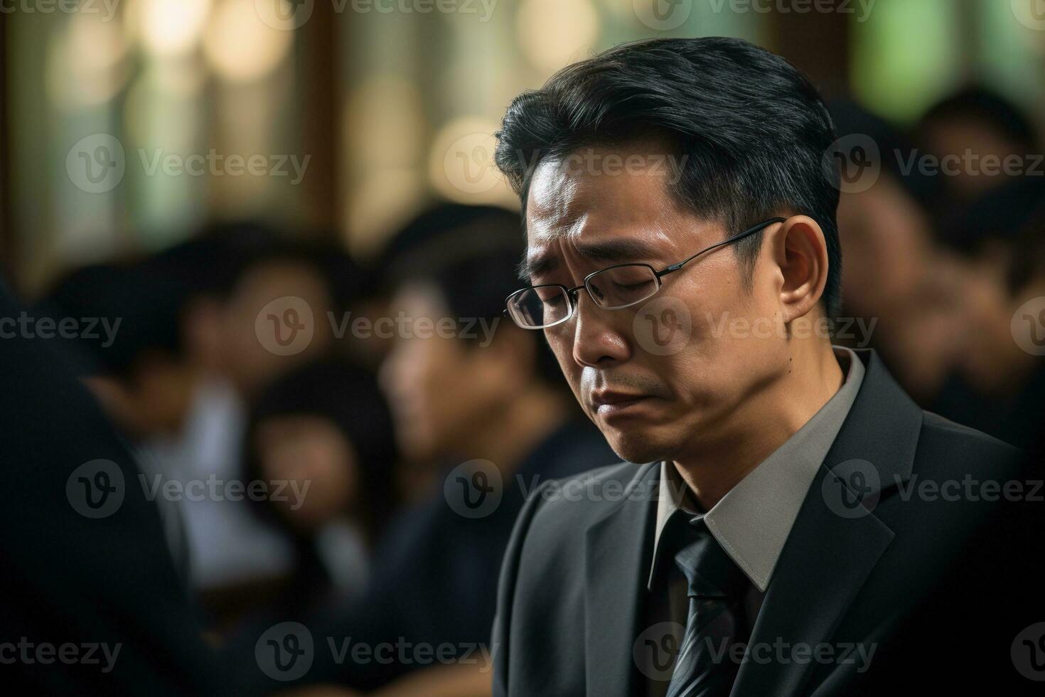 Elderly asian man with funeral sorrow and flowers in church AI generated photo