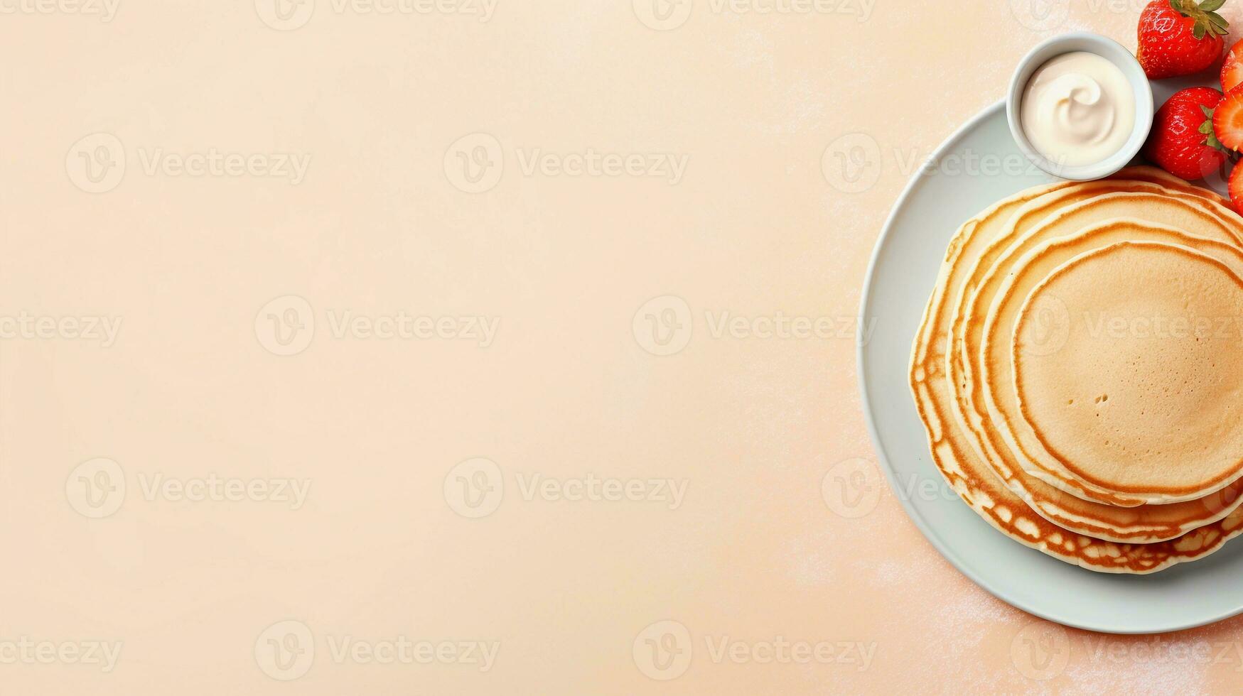 space for text on pastel background with delicious pancake on the side from top view, background image, AI generated photo