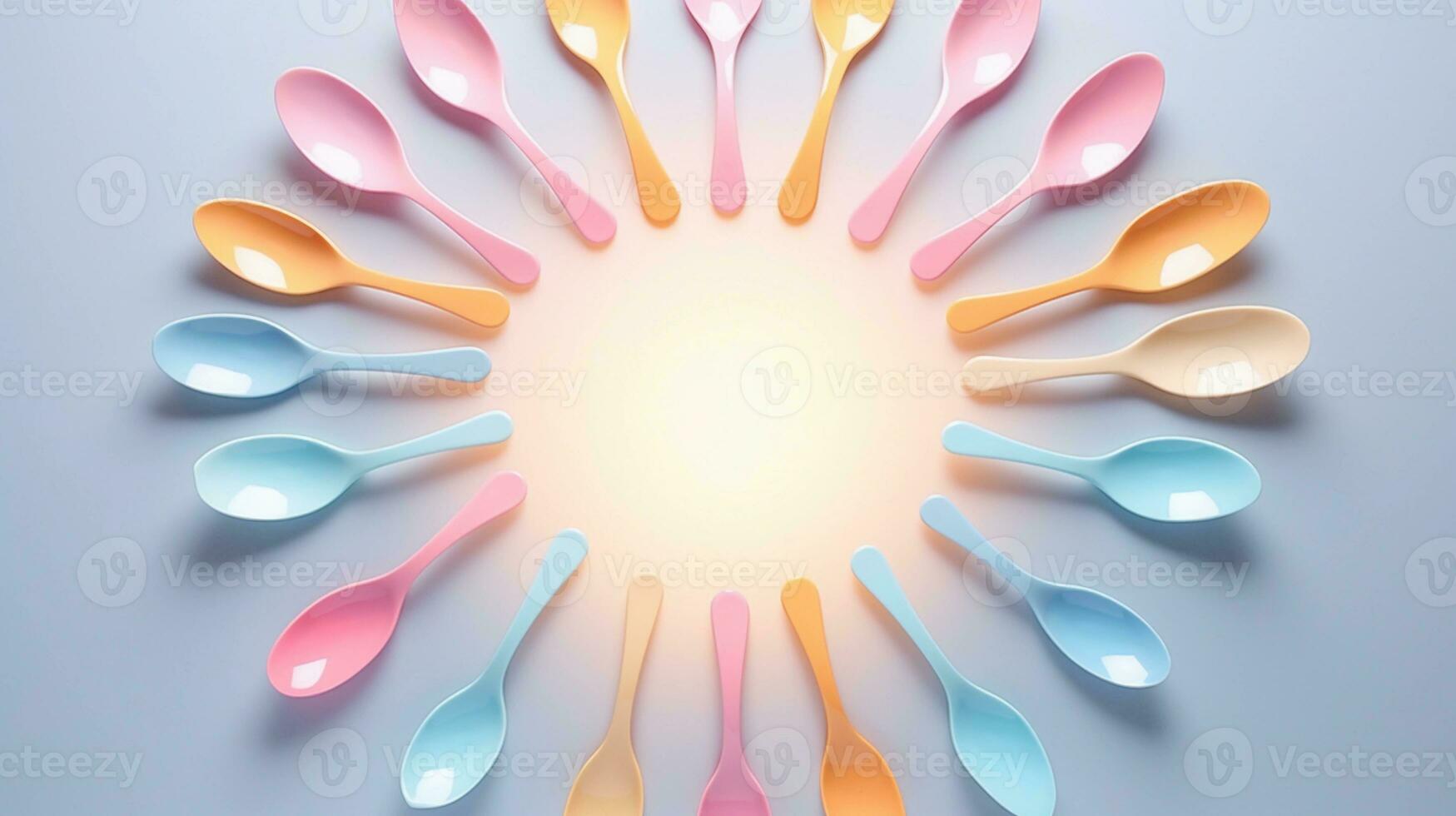 space for text on pastel background surrounded by spoons, background image, AI generated photo