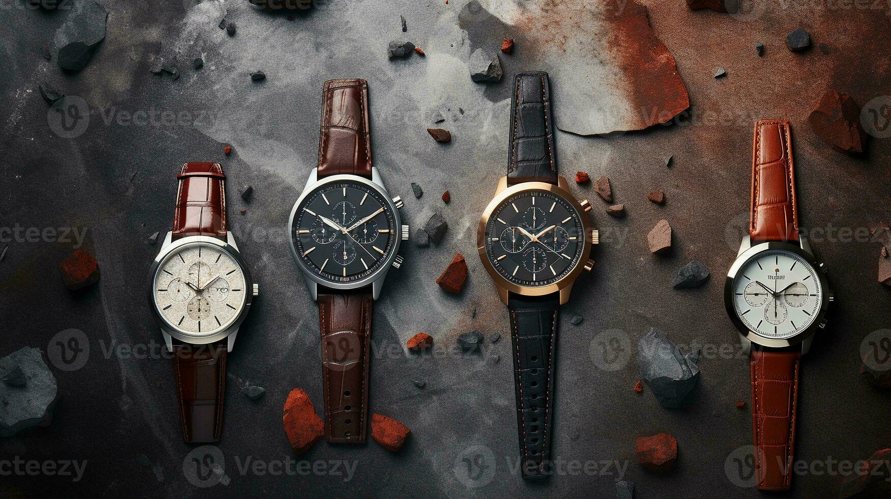 space for text on textured background surrounded by watches, background image, AI generated photo