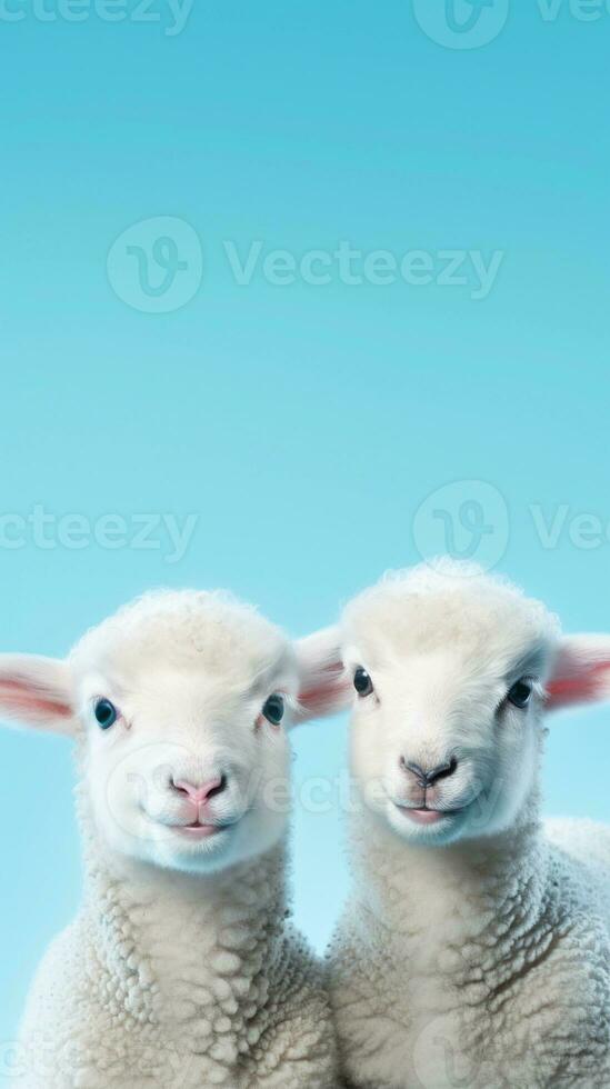 cute baby sheeps on a light blue background with space for text on the left side, vertical format, background image, AI generated photo