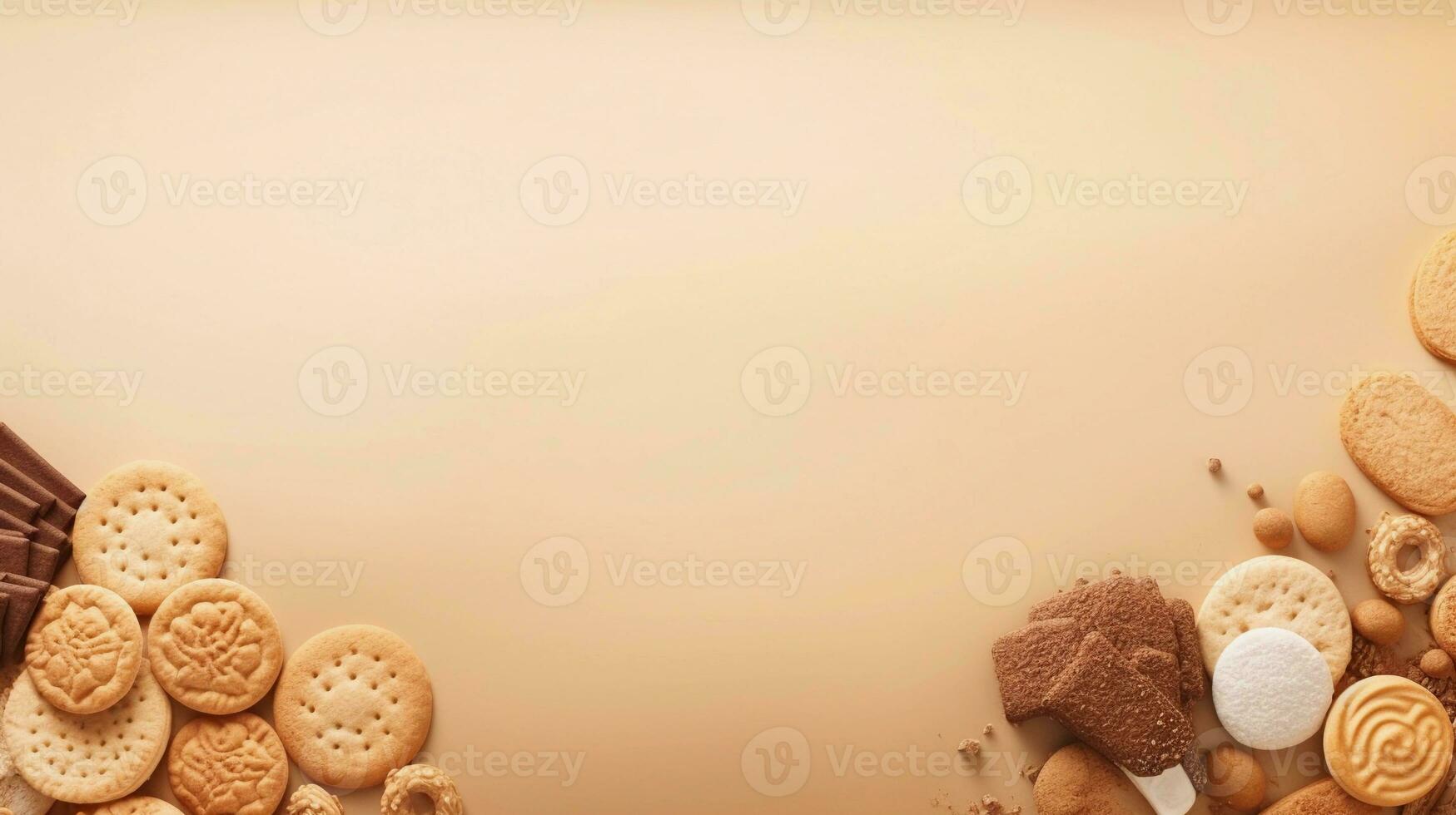 space for text on light brown pastel background surrounded by delicious cookies from top view, background image, AI generated photo