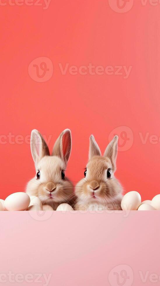 cute easter bunnies on a light red background with space for text on the side, vertical format, background image, AI generated photo