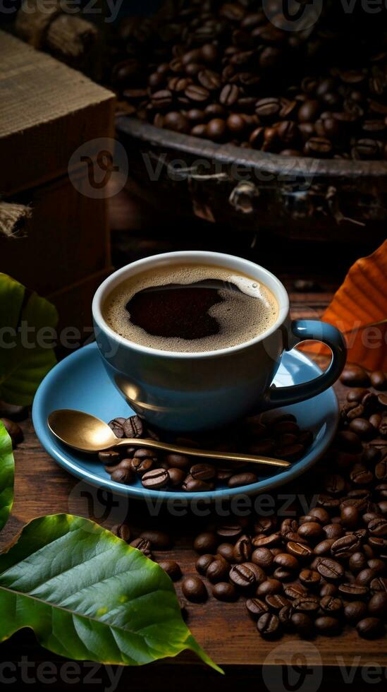 hot coffee and coffee beans in background with leaves, in the style of distressed and weathered surfaces, vertical format, background image, AI generated photo