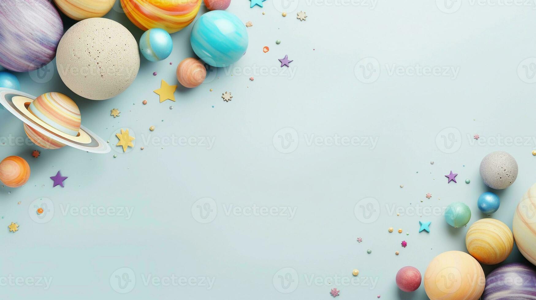 space for text on pastel background surrounded by kids toys from top view, background image, AI generated photo