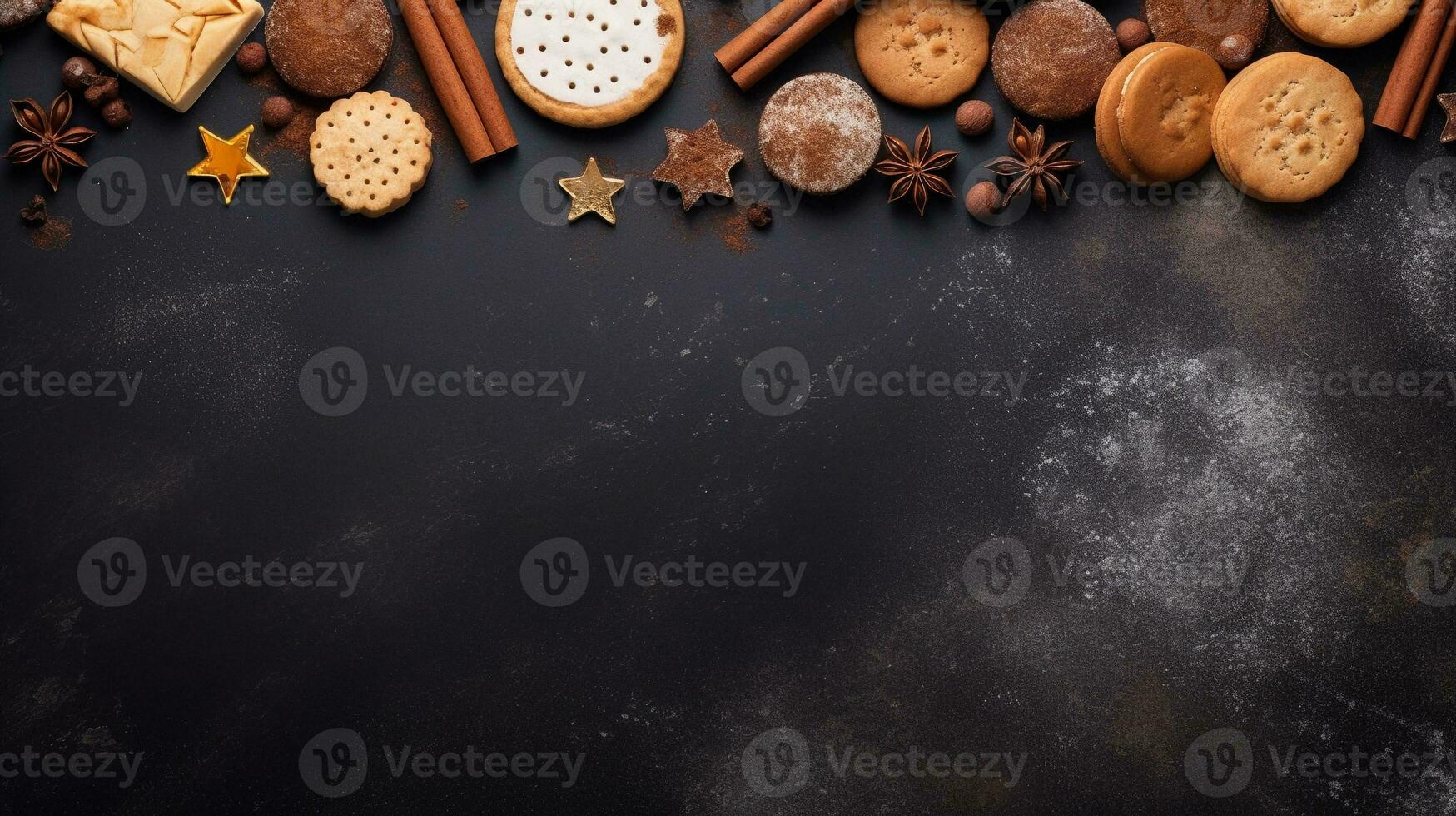 space for text on textured background surrounded by delicious cookies from top view, background image, AI generated photo