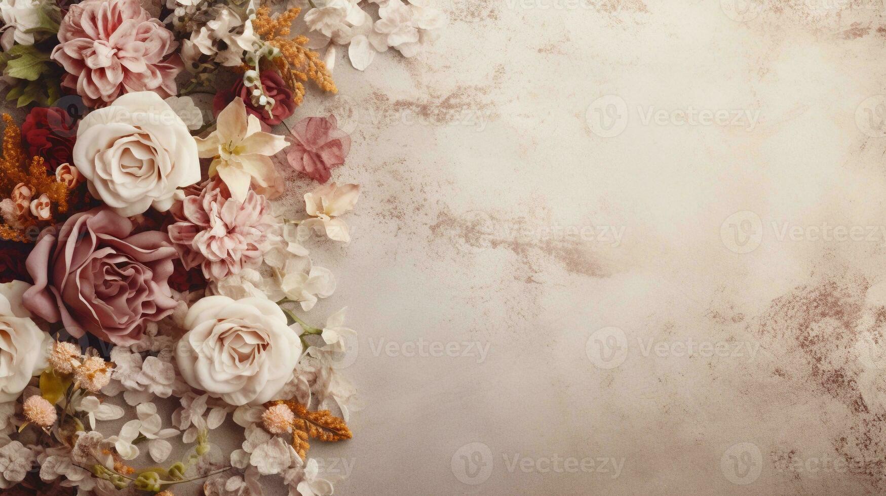 space for text on textured background surrounded by decorative florals from top view, background image, AI generated photo