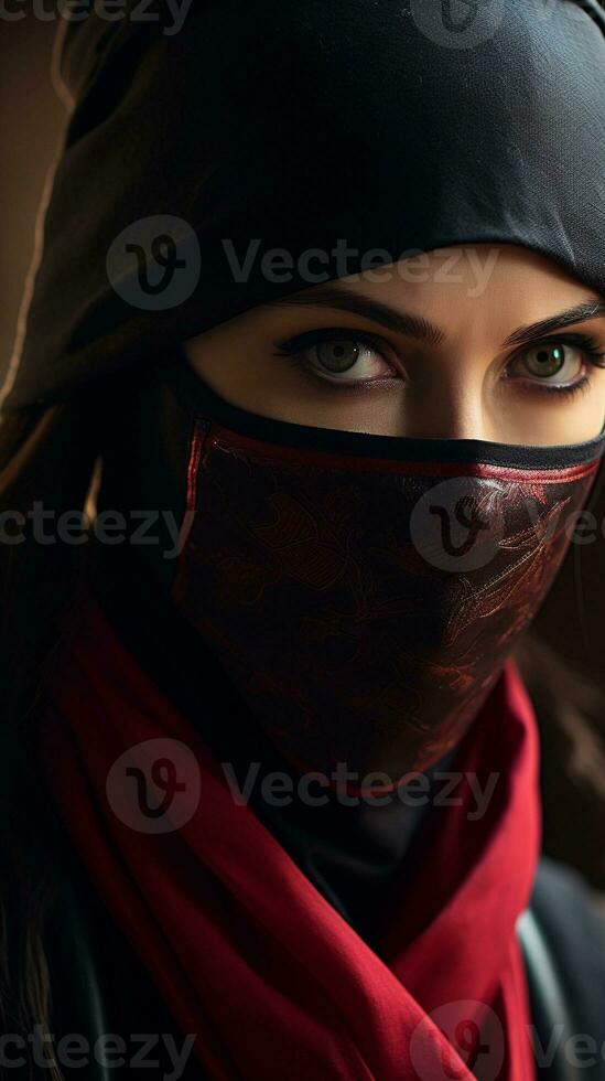 beautiful female ninja portrait with space for text on the side, vertical format, background image, AI generated photo