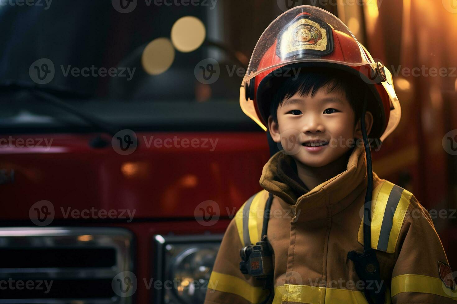 Portrait of cute little boy wearing firefighter uniform in the fire department AI generated photo