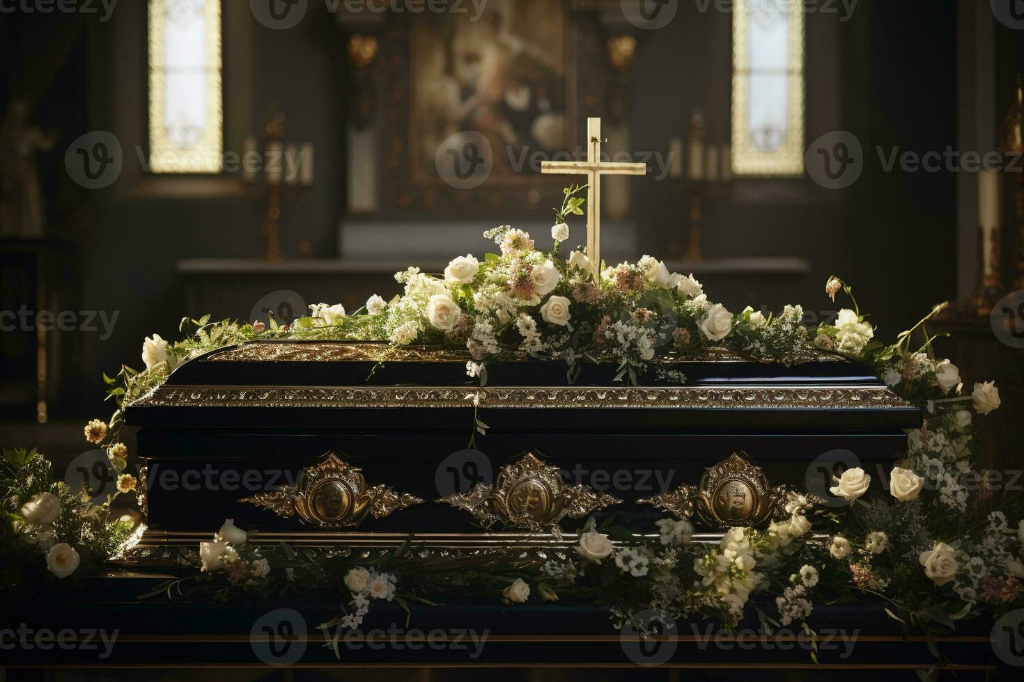 closeup shot of a casket in a hearse or chapel before funeral or burial at cemetery AI generated photo