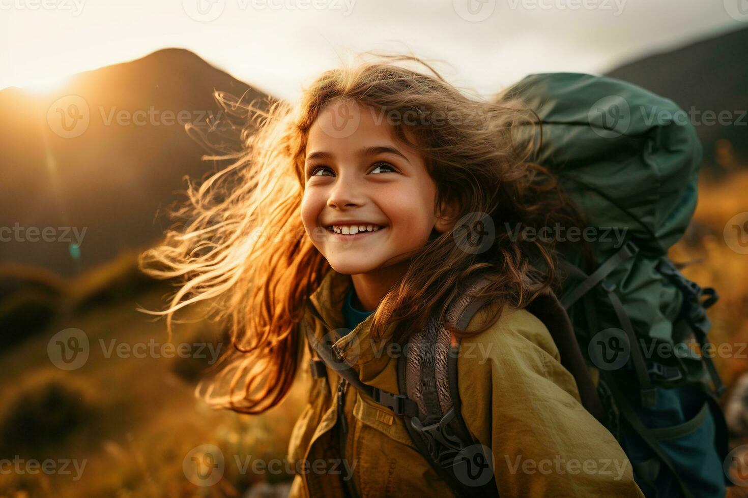 little girl with backpack hiking on mountain peak at sunset, travel and adventure concept AI generated photo