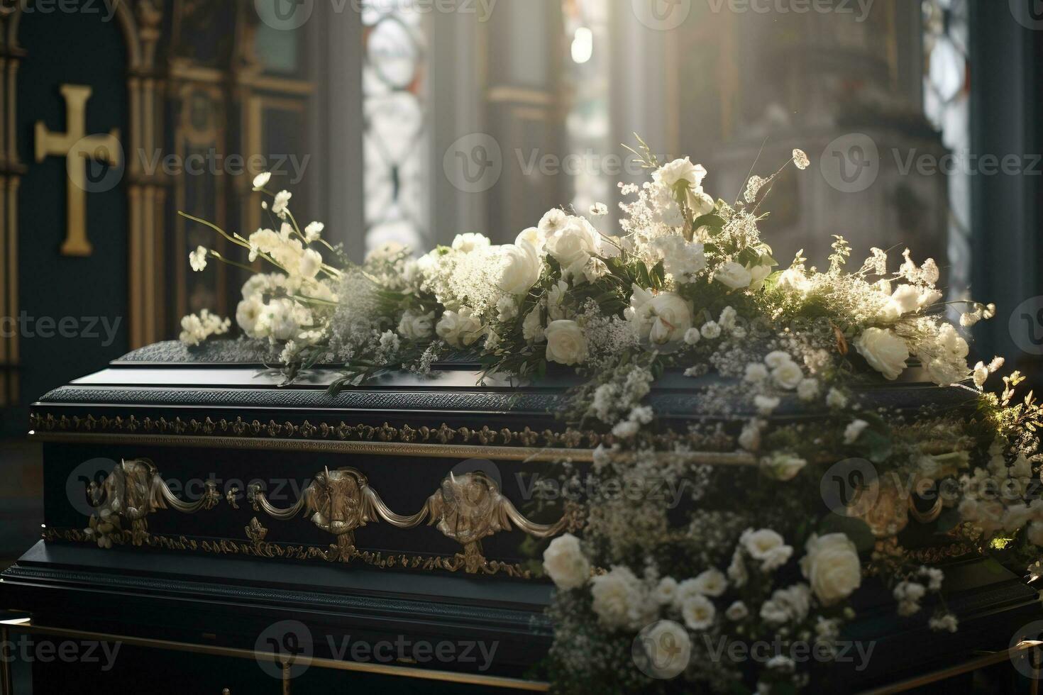 closeup shot of a casket in a hearse or chapel before funeral or burial at cemetery AI generated photo