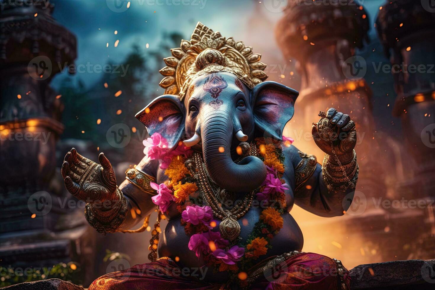 Hindu God Ganesha with flowers AI generated photo
