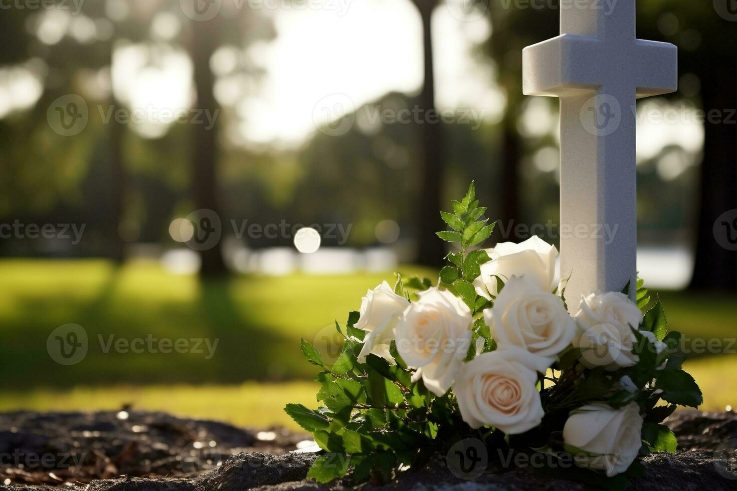 white flowers in front of a gravestone at a cemetery with sunset.Funeral Concept AI generated photo