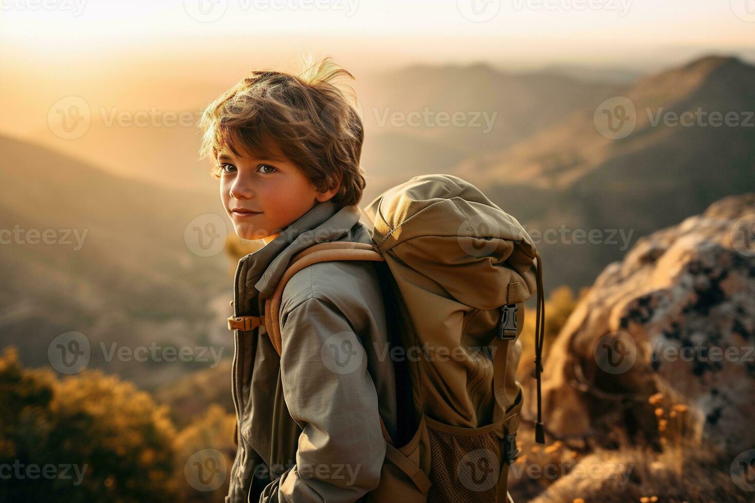 adorable pequeño chico con mochila excursionismo en montañas a puesta de sol. viaje y activo estilo de vida concepto ai generado foto