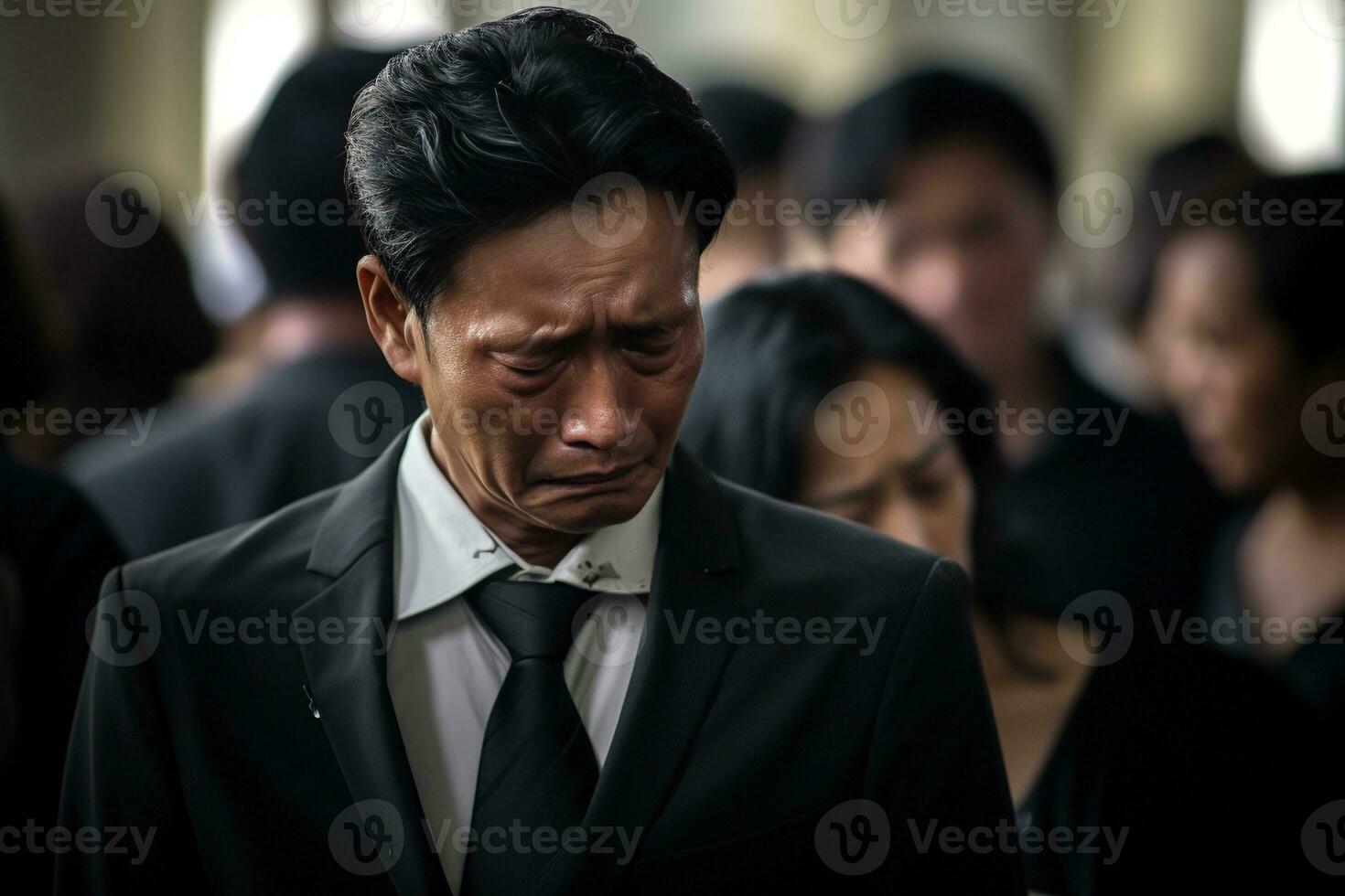 Elderly asian man with funeral sorrow and flowers in church AI generated photo