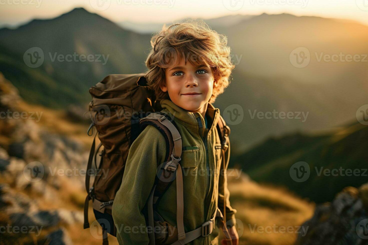 Adorable little boy with backpack hiking in mountains at sunset. Travel and active lifestyle concept AI generated photo