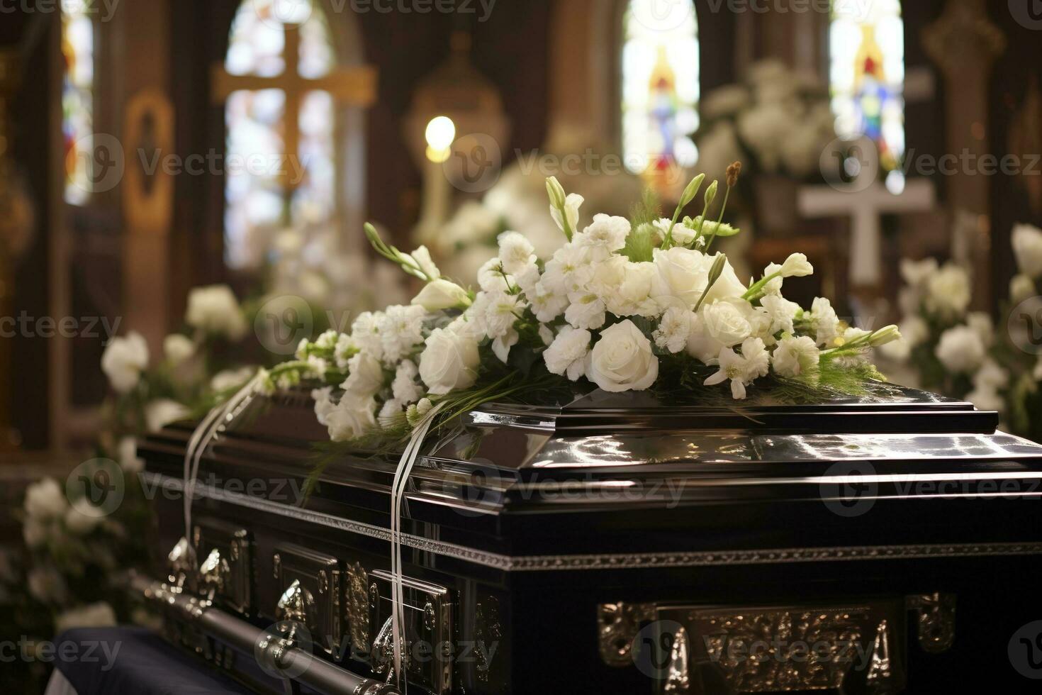 closeup shot of a casket in a hearse or chapel before funeral or burial at cemetery AI generated photo