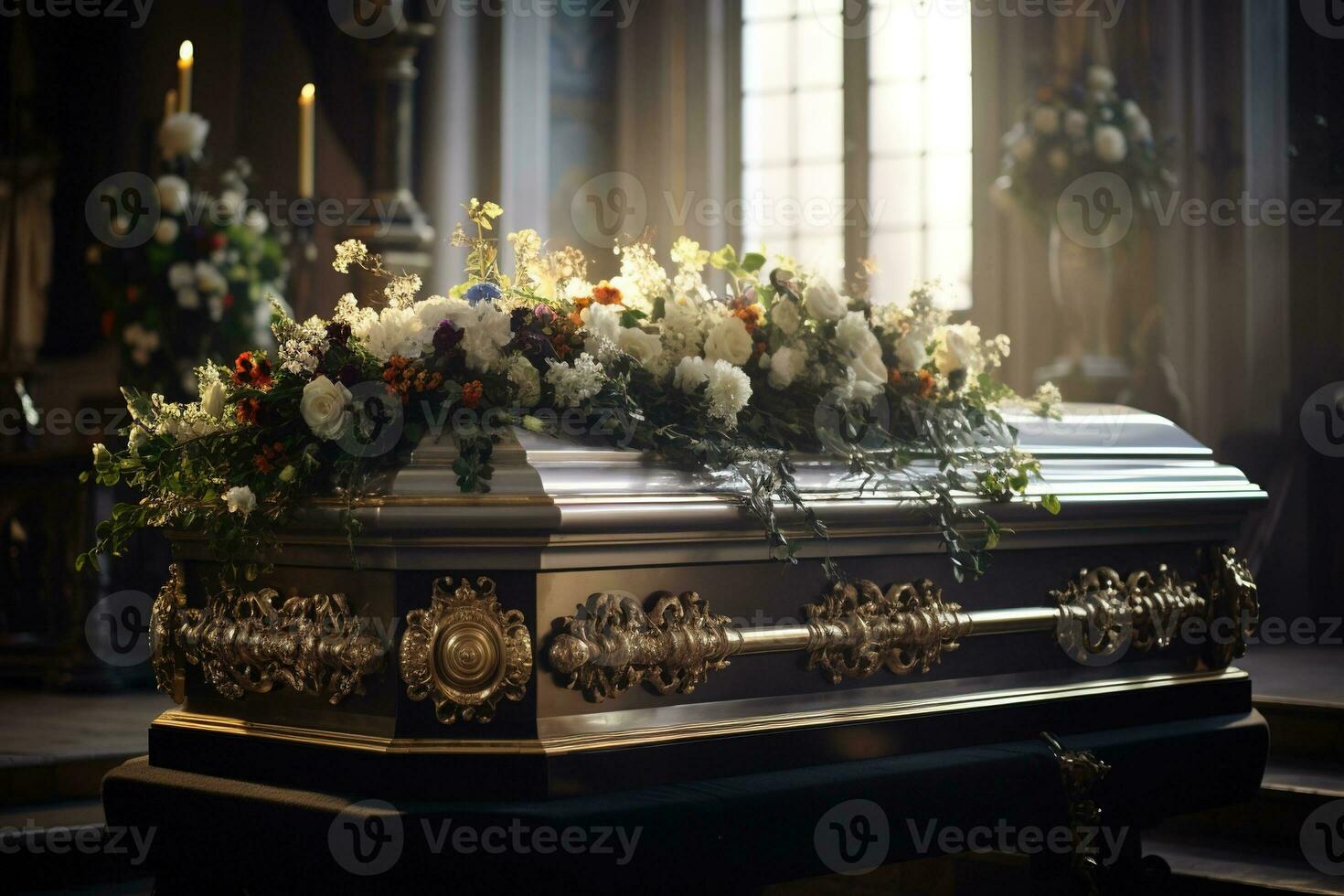 closeup shot of a casket in a hearse or chapel before funeral or burial at cemetery AI generated photo