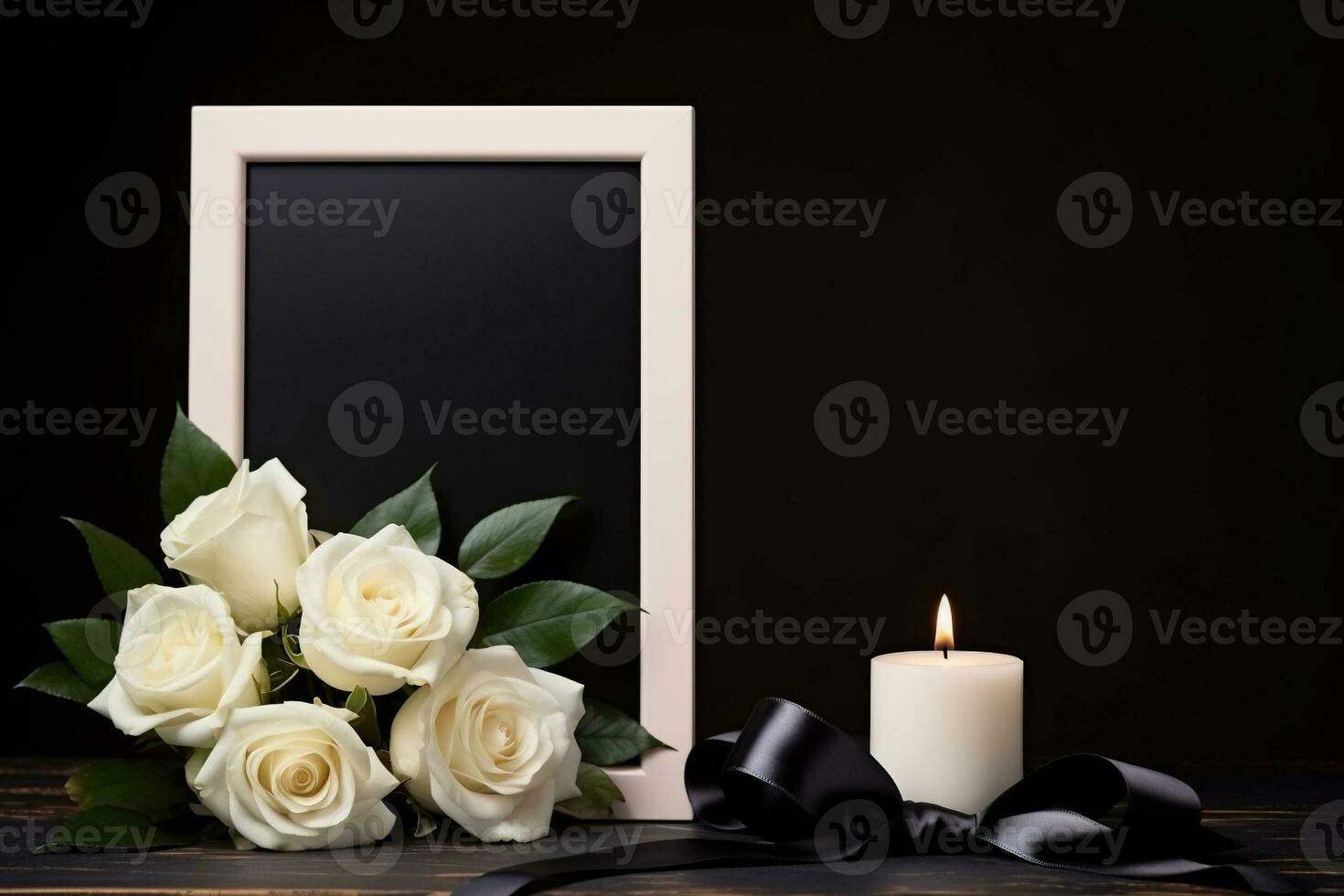 White roses with ribbon and photo frame on black background.Funeral Concept AI generated