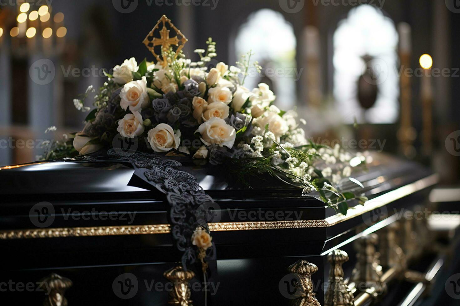 closeup shot of a casket in a hearse or chapel before funeral or burial at cemetery AI generated photo