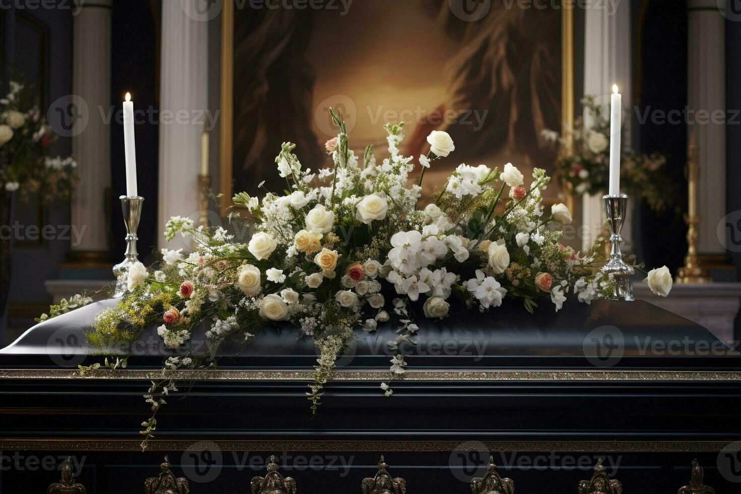 closeup shot of a casket in a hearse or chapel before funeral or burial at cemetery AI generated photo