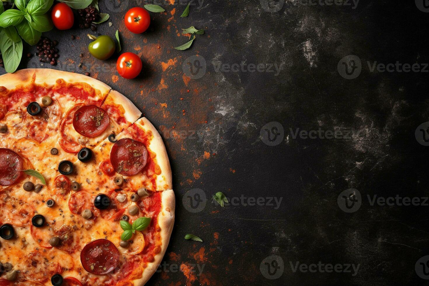 Pepperoni pizza on a Dark background. Top view with copy space. AI generated photo