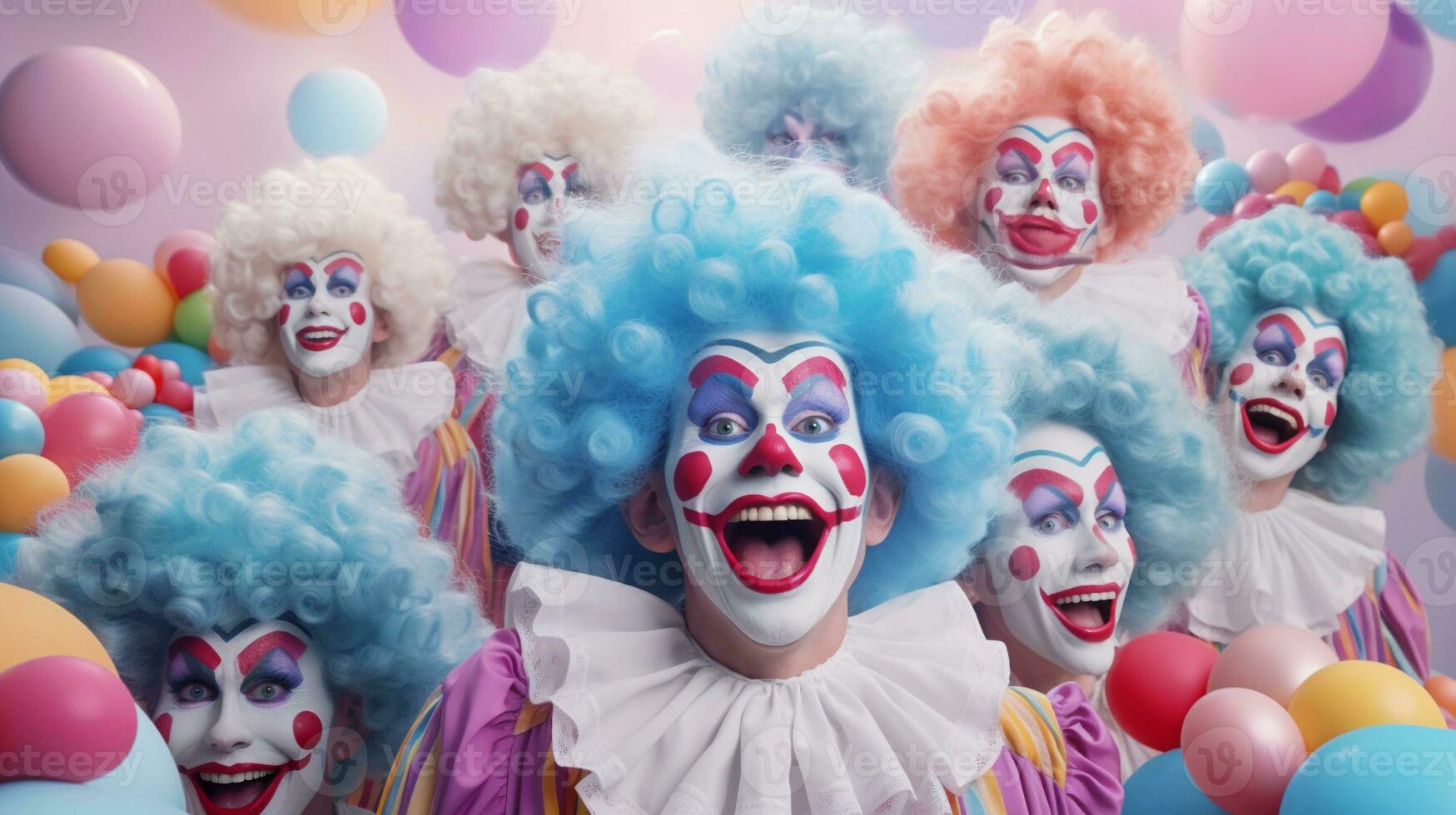 space for text on pastel background surrounded by funny clowns, background image, AI generated photo
